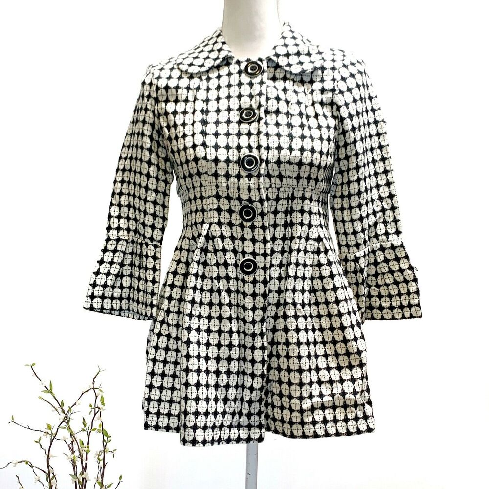 Sequin Hearts Bell Sleeve Black White tweed Blazer jacket Button Front Sz 3